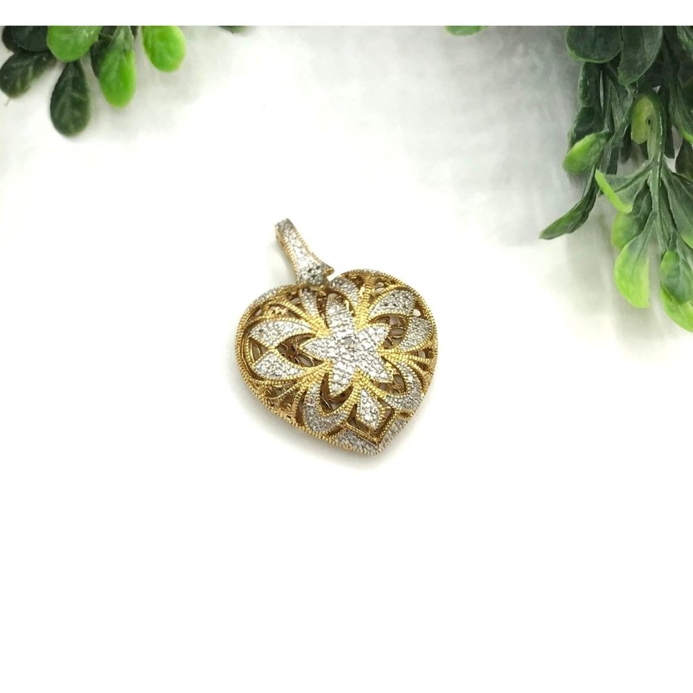 Vintage PAJ Pendant Gold Silver Toned Heart With Flower Design And Cz